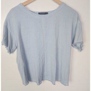 Maven West Women's Sz. S Light Bllue Fringe Cross Back Short Sleeve Top